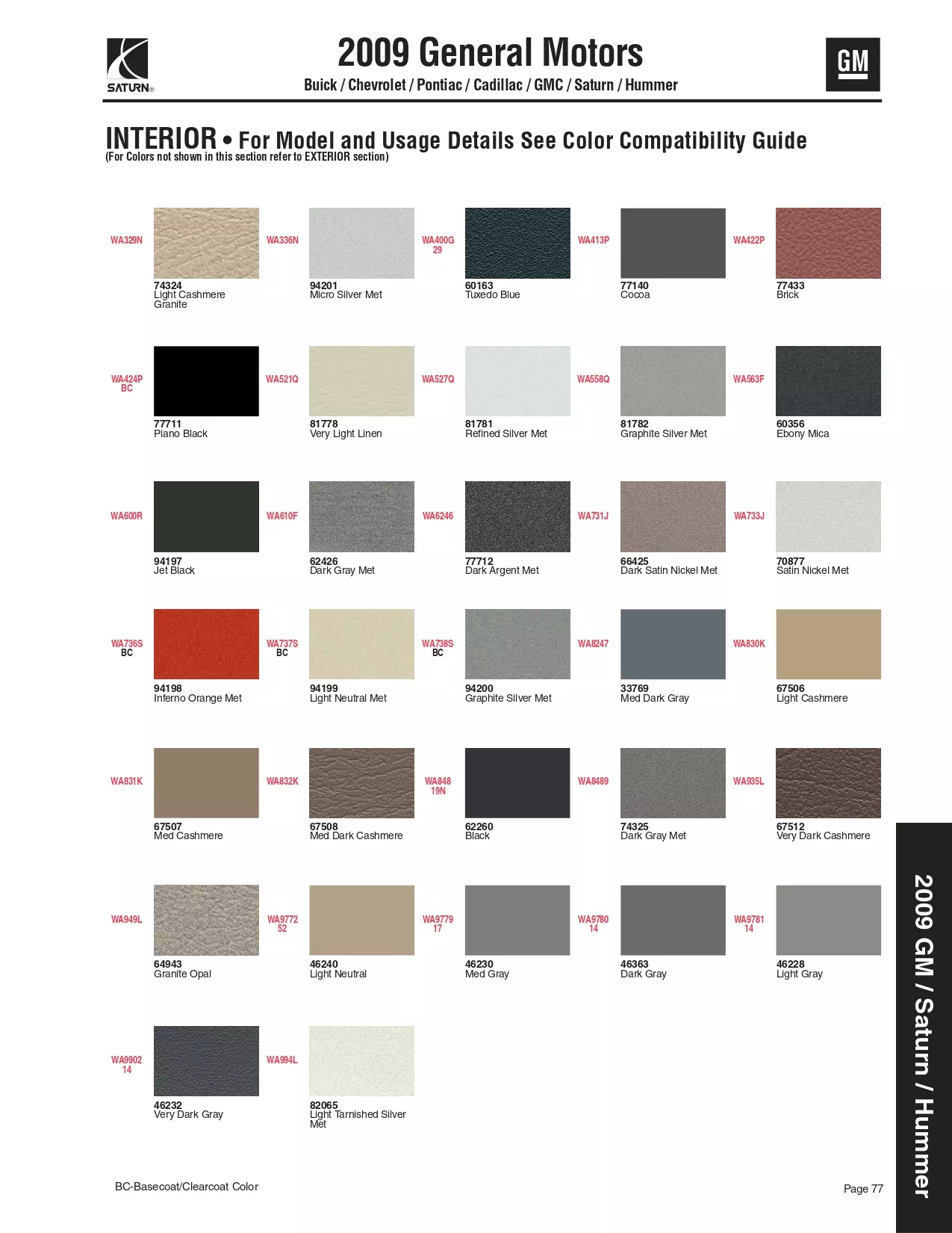 2009 General Motors, Buick, Cadillac, GMC, and Chevrolet Paint Codes and Color Chart Oem Colors, Paint Codes, Mixing Stock Numbers, and Color Names for 2009 General Motors, Buick, Cadillac, GMC, and Chevrolet Vehicles